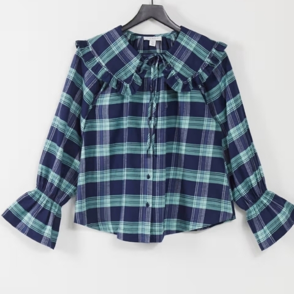 Topshop collared shirt blue plaid Peasant Baloon Sleeve Bohemian 8 Cottagecore - Picture 10 of 13